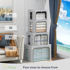 CYhom 2Pack Extra Large Clothes Storage Bins Box - Linen Fabric Foldable Stackable Container Organizer Set with Clear Window & Carry Handles & Metal Frame (Light Grey, Extra Large-100L) - Image 3