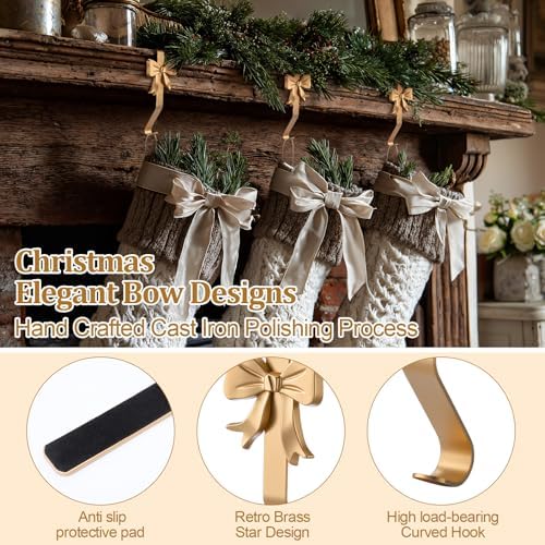 Shimeyao 6 Pcs Brass Bow Christmas Stocking Holders, Vintage Mantle Hooks - Image 5