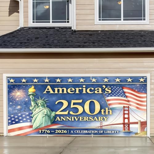 6x13FT Ameri-ca's 250th Anniversary Garage Door Banner, Liberty Statue and Golden Gate Bridge Design, Celebrate 1776–2026, Patriotic Outdoor Decor for Independence Day, Memorial Day by THISFIND