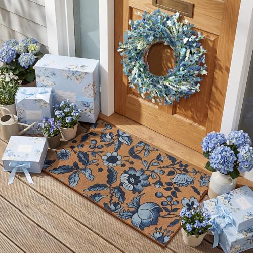 Tingjoo 2 Pcs Blue Floral Welcome Door Mat and Wreaths for Front Door - Image 5