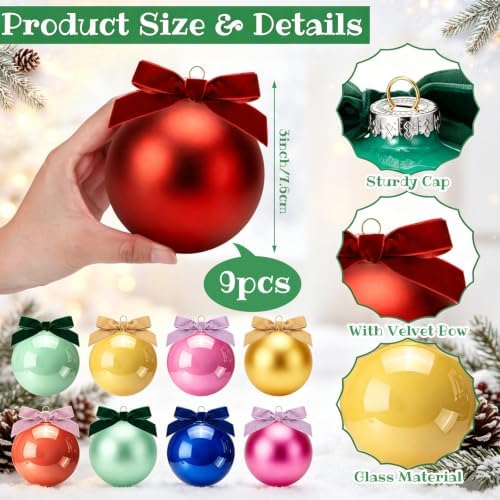 Hollowfly 9 Pcs 3 Inch Colorful Glass Christmas Ornaments with Velvet Bow - Image 2