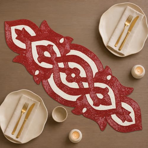 Lightnpro Beaded Table Runner Elegant Infinity Design - Handmade Glitz Table Décor for Weddings, Parties, Holidays, Gifting & Everyday Use - Decorative Centerpiece Accent - 13x36 Inch - Maroon Ivory - Image 2