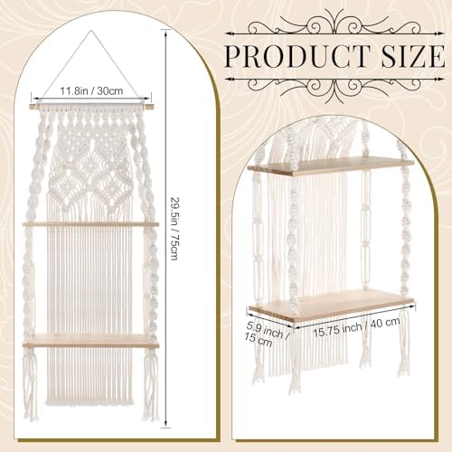 Barydat 2 Pack Macrame Wall Hanging Shelf 2 Tier Handmade Boho Hanging Wall Shelf Floating Woven Rope Decorative Storage Racks Holder Organizer for Home Bedroom Bathroom Plants, Beige (Elegant) - Image 3