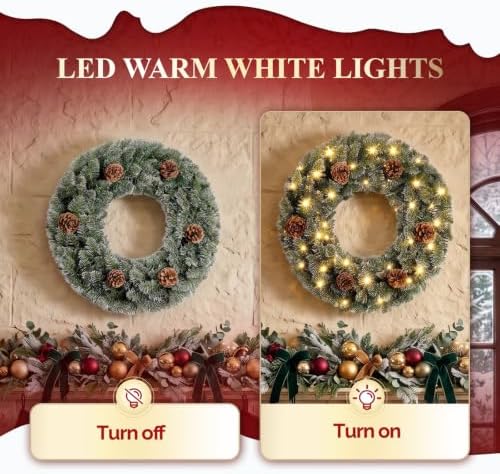 VINGLI 24Inch Frosted Christmas Wreath with 50 LED Lights, Battery Operated - Image 4