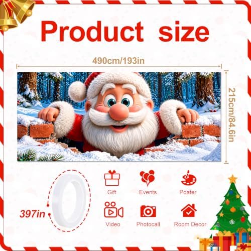 Christmas Garage Door Cover Santa Claus Winter Snow Scene Garage Door Banner 7x16 Ft, Funny Santa Peeking Over Brick Wall Holiday Garage Mural, Outdoor Christmas Dec for Home Garage Party Backdrop - Image 2