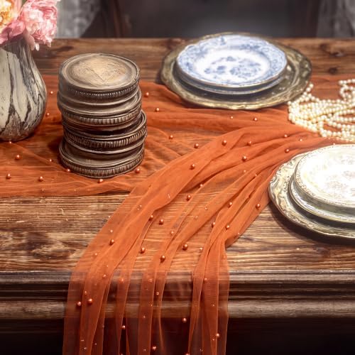 10 Pcs Fall Orange Gauze Pearl Table Runner 120 Inch 10ft - Image 3