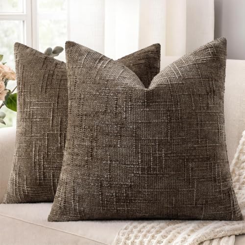 decorUhome Textured Chenille Throw Pillow Covers 18x18 Set of 2 Taupe by decorUhome