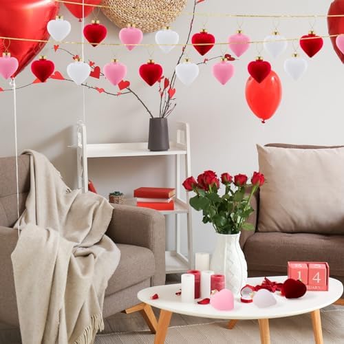 Moucuny 24 Pcs 3.15 Inch Valentines Day Ornaments for Tree Large Hanging Heart Ornaments Heart Shaped Tree Baubles Velvet Ball for Party Wedding Anniversary Mothers Valentine Decor, Pink, Red, White - Image 6