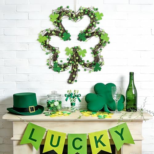 St Patricks Day Wreaths for Front Door, Artificial Shamrock Wreath Wood Lucky Clover Door Decorations with Green Berries for Spring Wall Mantel Window Home Party Decor - Image 3