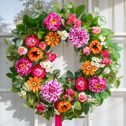Spring Summer Wreaths for Front Door 24 Inch with Dahlia, Peony & Daisy Spring Wreaths for Front Door Outside Summer Door Wreath for Entryway, Porch & Home Décor Outdoor Summer Wreath - Image 2