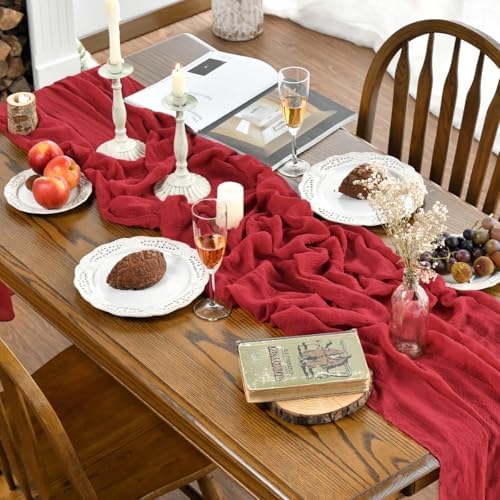 Artoid Mode Boho Red Gauze 6 Pieces Wedding Table Runner, 120 Inch Birthday Fabric Kitchen Dining Holiday Table Decor for Home Party Indoor - Image 2