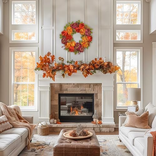 Artificial Fall Wreath, 24" Fake Peony Floral, Maple Leaves & Berries - Image 5