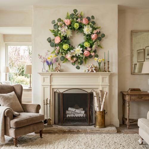 24 Inch Spring Wreath for Front Door - Large Artificial Dahlie & Eucalyptus Floral Wreath, Handcrafted Full Silhouette Summer Wreath for Porch, Window, Wall, Farmhouse Home Decor Easter Holiday Decor - Image 6