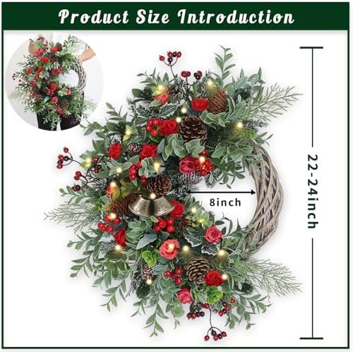Christmas Wreath for Front Door, Artificial Door Wreaths with LED Lights Bells Berries & Pinecones Christmas Decorations, Xmas Wreaths for Wall Window Fireplace Holiday Home Decor - Image 2