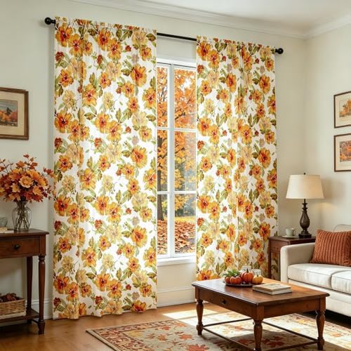 youleyar Fall Curtains for Living Room, 72 Inch Length Rod Pocket Printed Pattern Fall Curtian Panels, Autumn Orange Floral Window Drapes for Bedroom Dining Room Drapes, 52" W x 72" L - Image 2