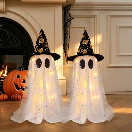 2 Pack Halloween Ghost Decorations, 21.7 Inch Lighted Halloween Decorations, Battery Operated Tabletop Ghost Decor with Witch Hats for Mantel Fireplace Table Entryway Indoor Office Party Home Decor - Image 6