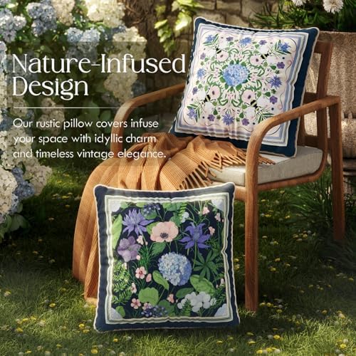 Vintage Navy Blue Floral Pillow Cover 18x18, Hydrangea & Bee - Image 2