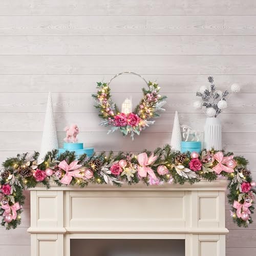 Christmas Wreath Decor -18inch Pink Wreaths for Front Door with Ball Ornament Pine Needles Berries,prelit Pink Door Wreath 40 LED Lights,Wall Fireplace Mantle and Porch Decoration - Image 6