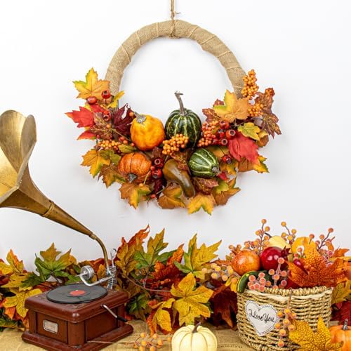 LLZLL Fall Wreaths for Front Door 20 Inch Autumn Wreath Artificial Thanksgiving Wreath with Pumpkins Berries and Leaves for Farmhouse Indoor Outdoor Window Wall Door - Image 2
