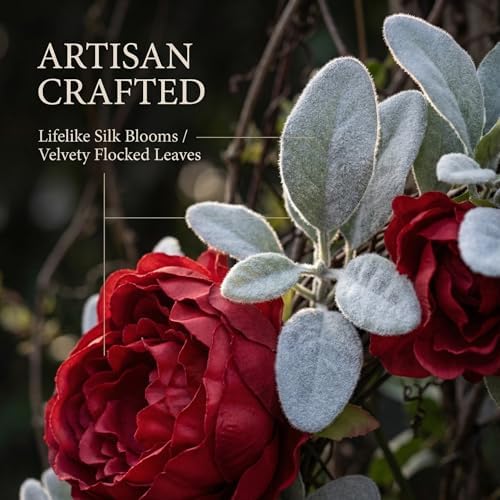 20 Inch Red Peony Wreath for Front Door, Romantic Lambs Ear Greenery with White Flowers, Elegant Wedding Decor, Spring Summer Artificial Floral Wall Accent - Image 4