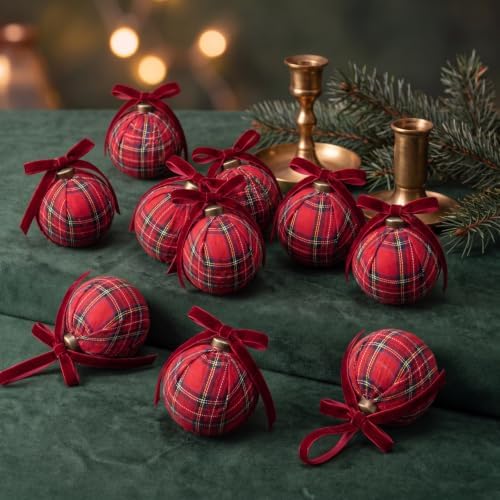 Gemscream 12 Pcs Red and Green Tartan Christmas Ornaments Balls 3.15 Inch - Image 5