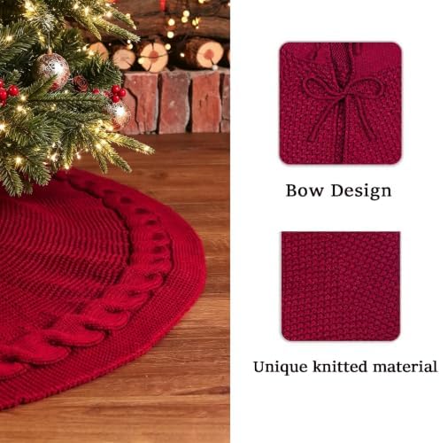 48 Inch Knitted Christmas Tree Skirt, Maroon Burgundy Red Versatile Holiday Decoration for Living Rooms, Weddings, Parties, Thanksgiving, and New Year - Image 3