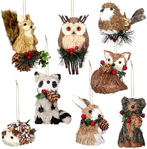 Vercraft 8 Pack Woodland Animal Xmas Ornaments Sisal Straw Rustic, Classic by Vercraft