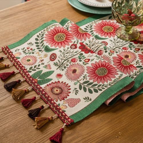 Spring Floral Table Runner 71in Long - Nordic Spring Embroidery Jacquard with Tassels, Elegant Easter & Mother's Day Decor for Farmhouse Dining Table, Wedding & Dresser (Spring Blossom, 13.7"x71") - Image 3