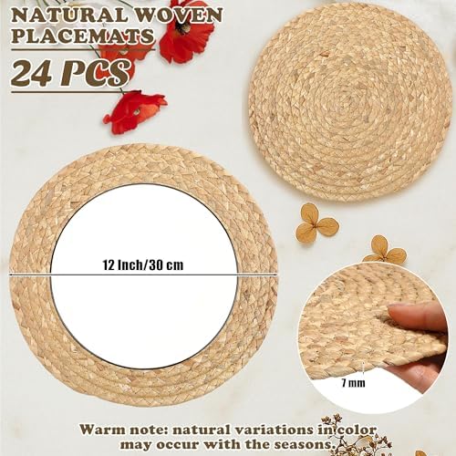 Kochorie Set of 24 Round Woven Placemats 12-Inch Natural Water Hyacinth Plant Placemats Hand-Woven Boho Rattan Placemat Wicker Weave Table Mats for Home Dinner Plates Holiday Supplies - Image 2