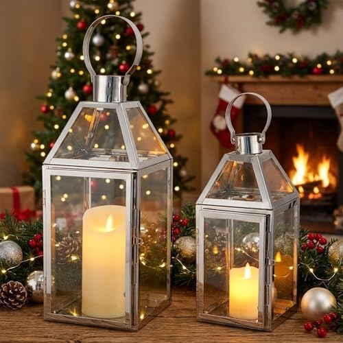 TRIROCKS Set of 2 Stainless Steel Decorative Lanterns 13"&10" H Metal Candle Holders with Tempered Glass for Home Decor Living Room Parties Events Tabletop Indoors Outdoors(Silver) - Image 6