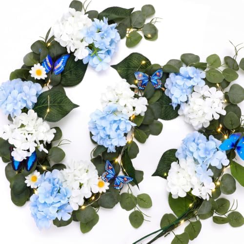 1 Pcs 6ft Artificial Hydrangea Floral Garland with Eucalyptus Leaves, Butterflies and Lights, Fake Flower Vines for Wedding Arch Wall Table Centerpiece Summer Party Decor(Blue and White) by Maysing