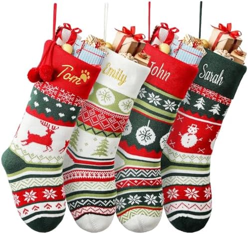 Personalized Christmas Stockings with Embroidered Name & Monogram,Custom Knit Christmas Stocking for Kids Girl Family,5 Pack 19.7” Large Xmas Stockings for Fireplace or Holiday Decor by Infiher