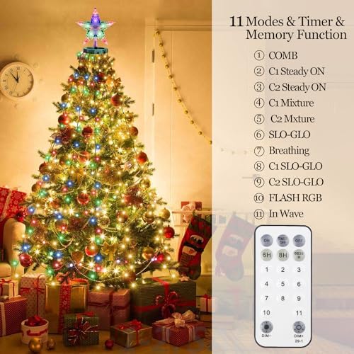 Christmas Tree Lights with Star Topper, 410LED Christmas String Lights with Ring for Tree, 6.6FT x 16 Lines Fairy Lights with 11 Modes for Indoor Outdoor Xmas Tree Decor, Warm White & Multi-Colored - Image 7