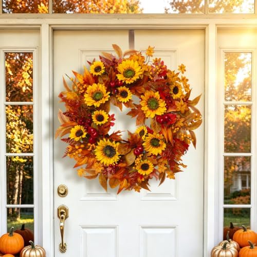 24 Inch Harvest Fall Wreaths for Front Door with Sunflower and Red Berries - Image 4