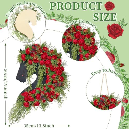 Suncalla Derby Horse Wreath for Front Door Run for the Roses Derby Rose Door Hanger Horse Racing Jockey Long Wooden Wall Sign Party Decorations Window Porch Home Festival Celebration Decorations - Image 2