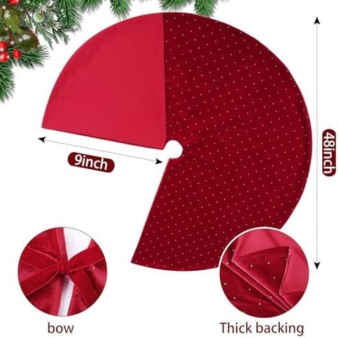 Halloscume 48" Christmas Tree Skirt Velvet Plush,Burgundy Red,Diamonds - Image 3