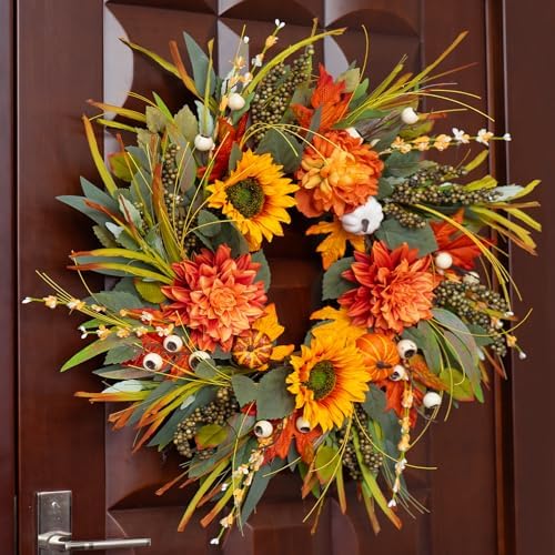 Fall Wreaths for Front Door 24 Inch Fall Wreath with Pumpkins, Sunflowers & Berries – Outdoor Autumn Wreath for Porch, Thanksgiving, Halloween & Harvest Decor - Image 2