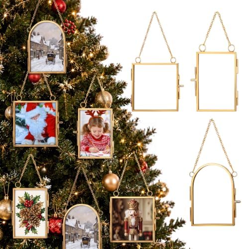 Qunclay 6 Pcs 2x3” 3.2x3.2” 2.5x3.5” Christmas Brass Picture Frame Ornaments Xmas Metal Double Glass Hanging Photo Frame with Metal Chain for Christmas Tree Decorations (Gold, Square, Arch) by Qunclay