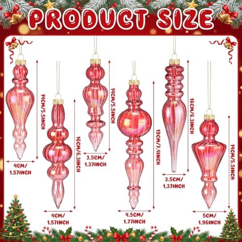 Soaoo 6 Pcs 6.3 in Iridescence Red Mercury Glass Finial Christmas Ornaments - Image 3
