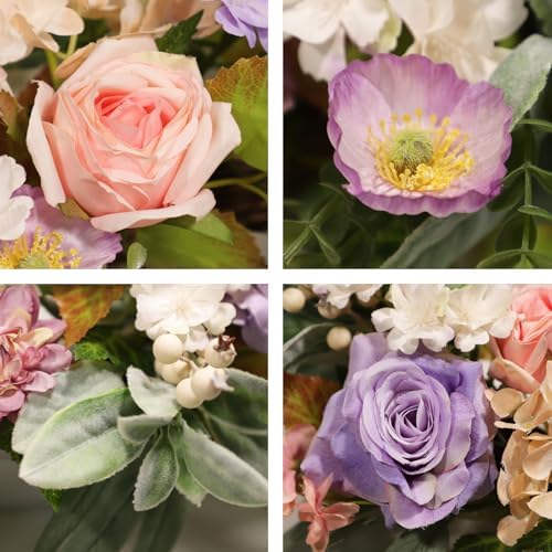 22 Inch Vintage Floral Wreath - Artificial Purple Pink Rose, Peach Dahlia, Hydrangea & White Berry with Boxwood, Lamb's Ear, Willow Eucalyptus, Indoor Outdoor Farmhouse Front Door Decor - Image 6