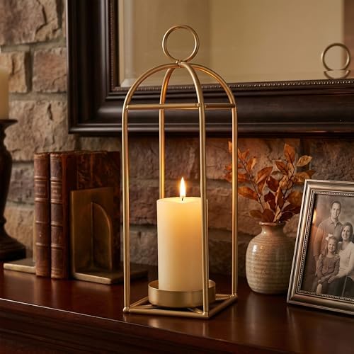 17" Outdoor Decorative Lanterns, Metal Candle Lanterns, Farmhouse Lantern Decor, Antique Gold Iron Lantern Candle Holders for Fireplace Mantel, Table Centerpiece,Home Decor - Image 3
