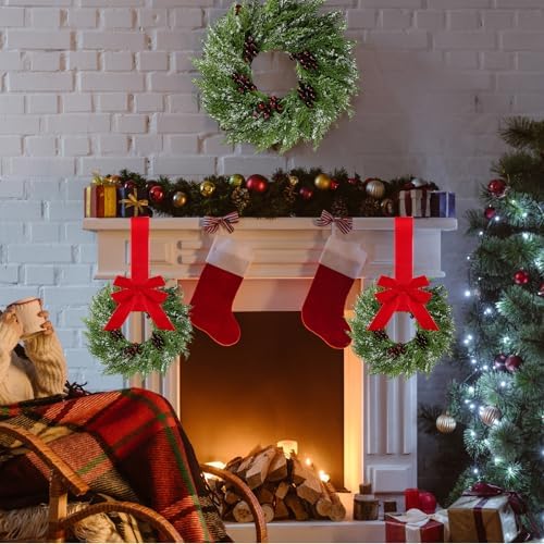 Barydat 8 Pcs 15" Mini Christmas Wreaths for Kitchen Cabinet with Long Bow - Image 5
