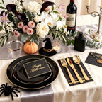 NOCCUR 350PCS Black and Gold Plastic Plates - Black Disposable Dinnerware Set for 50 Guests, 100 Dinner/Dessert Plates, 150 Gold Silverware, 50 Cups&50 Napkins for Party/Birthday/Halloween - Image 6