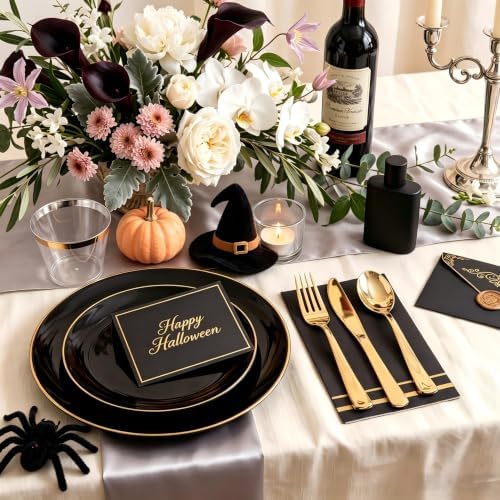 NOCCUR 350PCS Black and Gold Plastic Plates - Black Disposable Dinnerware Set for 50 Guests, 100 Dinner/Dessert Plates, 150 Gold Silverware, 50 Cups&50 Napkins for Party/Birthday/Halloween - Image 6