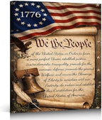 Ship Next Day - USA Flag and Constitution Canvas Wall Decor, Framed American Patriotic Art Print with Liberty Bell and Quill, Rustic Farmhouse Americana Painting, Made in USA by ZERILYN