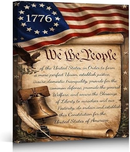 Ship Next Day - USA Flag and Constitution Canvas Wall Decor, Framed American Patriotic Art Print with Liberty Bell and Quill, Rustic Farmhouse Americana Painting, Made in USA by ZERILYN