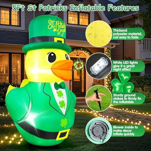 5FT St Patricks Inflatables Duck Outdoor Decorations Blow Up Decor - Image 5