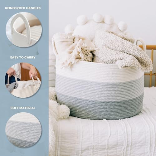 OrganiHaus Large Woven Storage Basket for Blankets and Toys 20" x 13" Inch, Rope Laundry Basket with Handles, Cushions & Pillows Storage Bin, Nursery Hamper, Soft Round Dog Toy Bin - Gray - Image 3