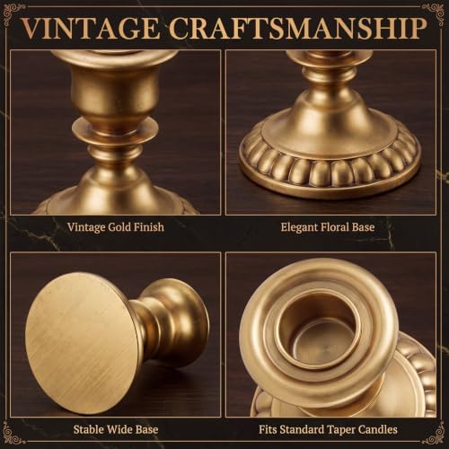 Mumufy 6 Pcs Pillar Candle Holders, Vintage Resin Candle Stands, Farmhouse Retro Table Centerpiece Candles Holders for French Country Decoration Home Wedding Party Living Room(Antique Gold) - Image 3