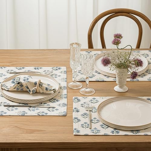 Block Print Floral Decorative Placemats Set of 6, Dusty Blue - Image 2